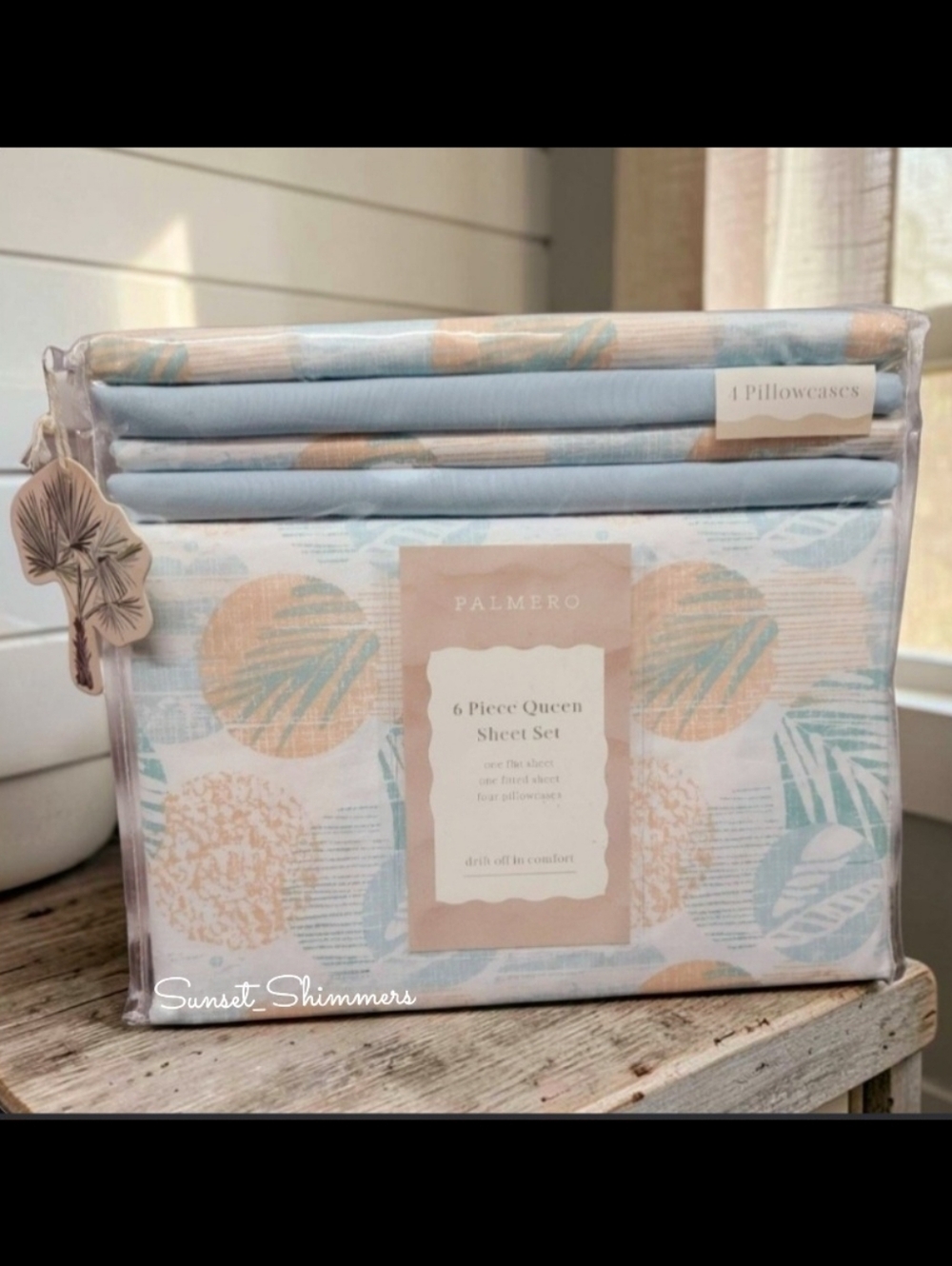 6pc Coastal Palm Leaf Tropical Sunset Queen Bed Sheets 4 Pillowcases Decor Set